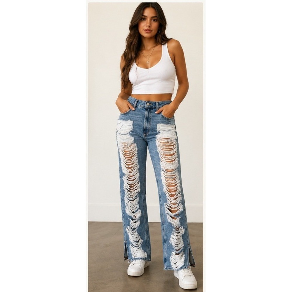 Good American Khloe Jean size 10/30 Streetwear Grunge Shredded Indigo Distressed